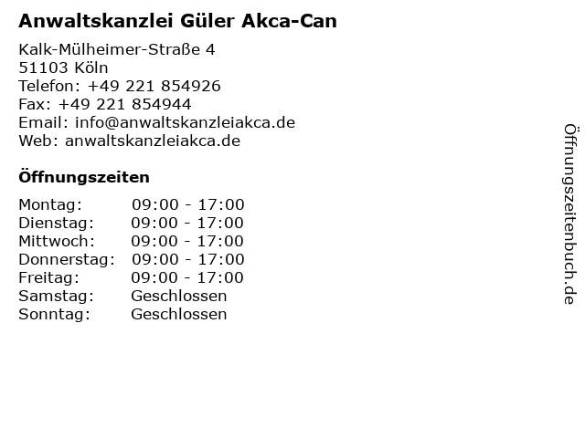 Anwaltskanzlei Güler Akca-Can in Köln: Adresse und Öffnungszeiten