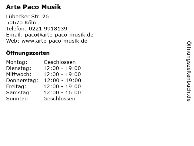 Arte Paco Musik in Köln: Adresse und Öffnungszeiten