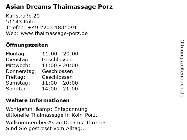 Asian Dreams Thaimassage Porz in Köln: Adresse und Öffnungszeiten