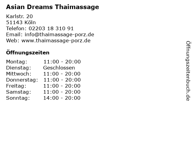 Asian Dreams Thaimassage in Köln: Adresse und Öffnungszeiten