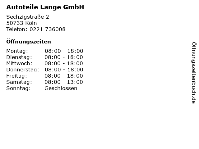 Autoteile Lange GmbH in Köln: Adresse und Öffnungszeiten