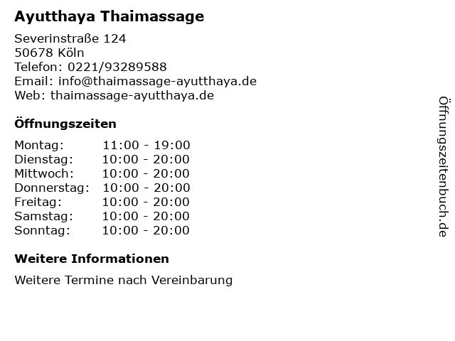 Ayutthaya Thaimassage in Köln: Adresse und Öffnungszeiten