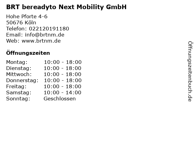 BRT bereadyto Next Mobility GmbH in Köln: Adresse und Öffnungszeiten