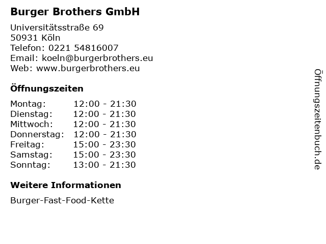 Burger Brothers GmbH in Köln: Adresse und Öffnungszeiten