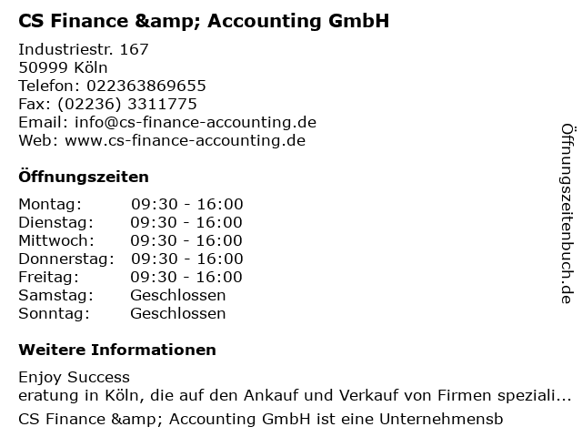 CS Finance & Accounting GmbH in Köln: Adresse und Öffnungszeiten