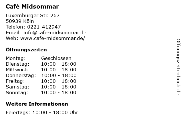 Cafè Midsommar in Köln: Adresse und Öffnungszeiten