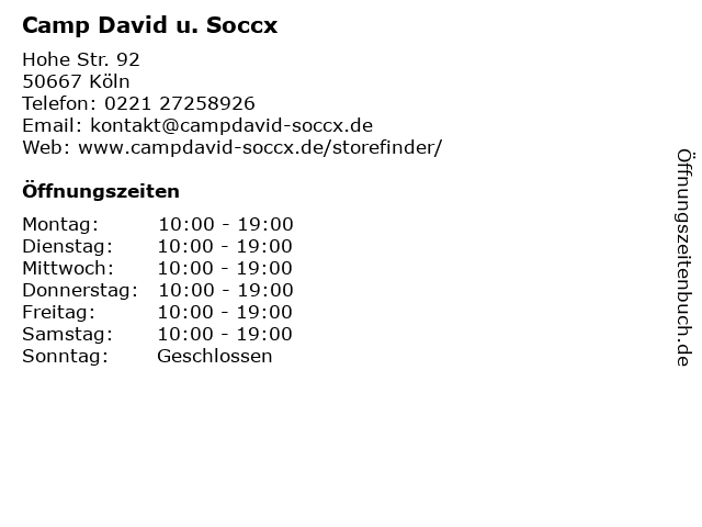 Camp David u. Soccx in Köln: Adresse und Öffnungszeiten