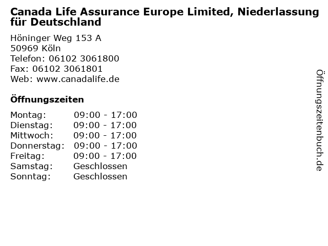 Canada Life Assurance Europe Limited, Niederlassung für Deutschland in Köln: Adresse und Öffnungszeiten