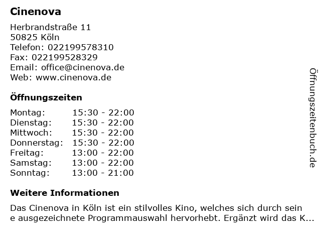 Cinenova in Köln: Adresse und Öffnungszeiten