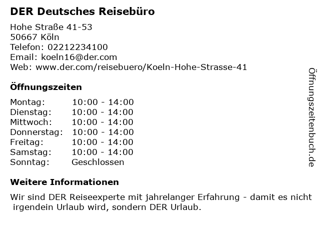 DER Deutsches Reisebüro in Köln: Adresse und Öffnungszeiten