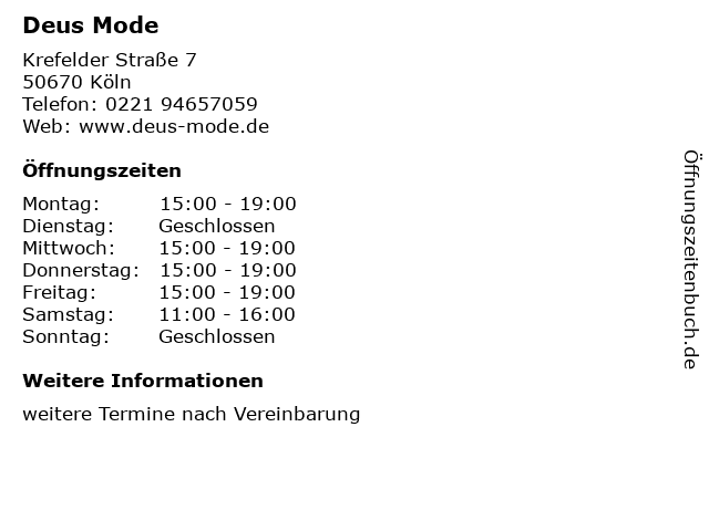 Deus Mode in Köln: Adresse und Öffnungszeiten