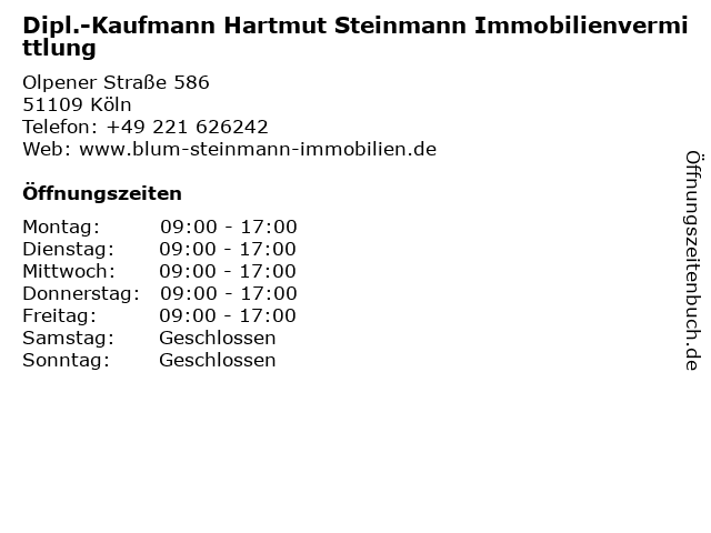 Dipl.-Kaufmann Hartmut Steinmann Immobilienvermittlung in Köln: Adresse und Öffnungszeiten