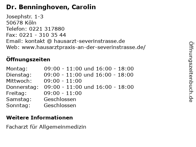 Dr. Benninghoven, Carolin in Köln: Adresse und Öffnungszeiten