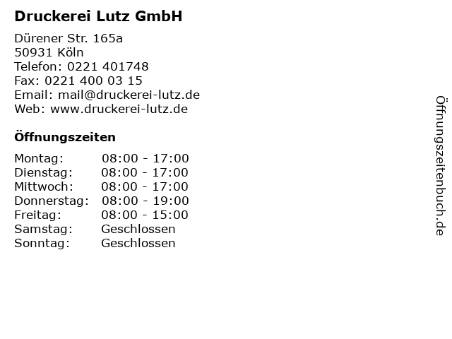 Druckerei Lutz GmbH in Köln: Adresse und Öffnungszeiten