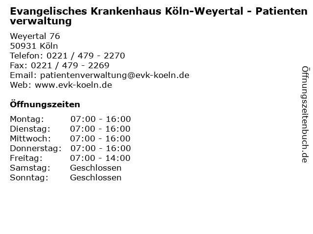 Evangelisches Krankenhaus Köln-Weyertal - Patientenverwaltung in Köln: Adresse und Öffnungszeiten
