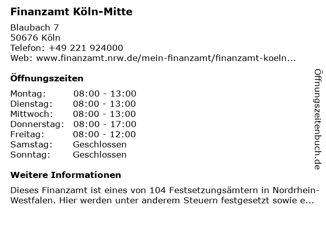 Finanzamt Köln-Mitte (Sprechzeiten Allgemein) in Köln: Adresse und Öffnungszeiten