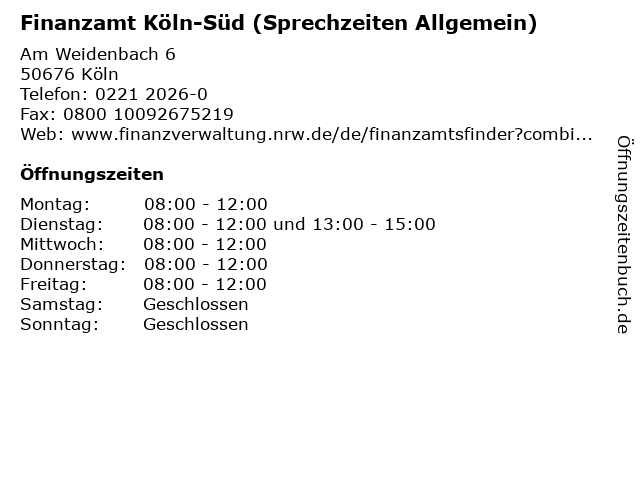 Finanzamt Köln-Süd (Sprechzeiten Allgemein) in Köln: Adresse und Öffnungszeiten