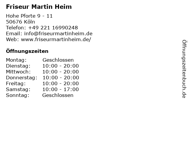 Friseur Martin Heim in Köln: Adresse und Öffnungszeiten