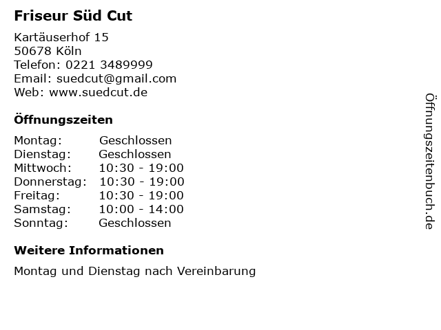 Friseur Süd Cut in Köln: Adresse und Öffnungszeiten