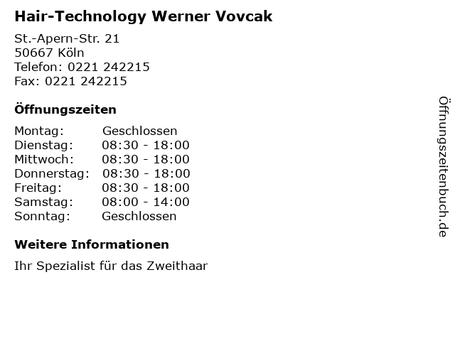 Hair-Technology Werner Vovcak in Köln: Adresse und Öffnungszeiten