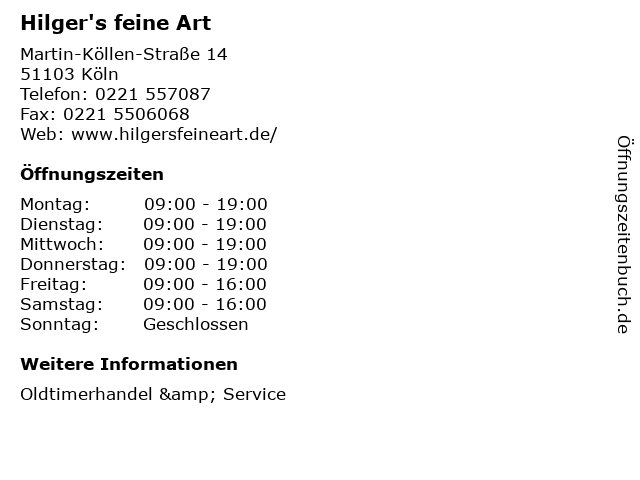 Hilger's feine Art in Köln: Adresse und Öffnungszeiten