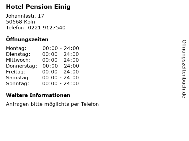 Hotel Pension Einig in Köln: Adresse und Öffnungszeiten