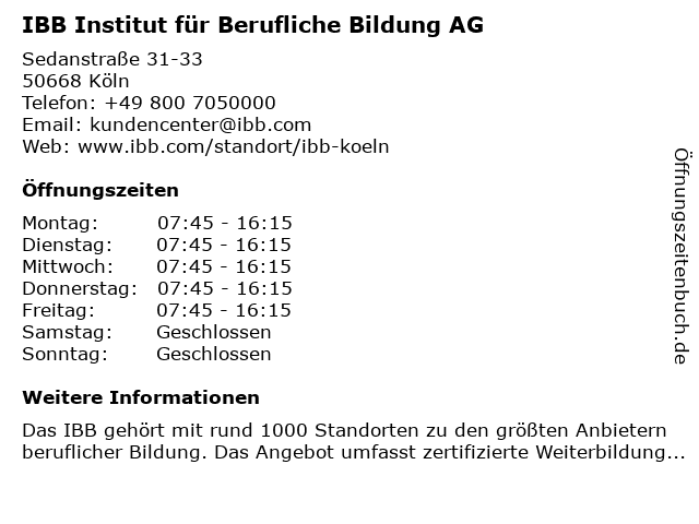 IBB Institut für Berufliche Bildung AG in Köln: Adresse und Öffnungszeiten