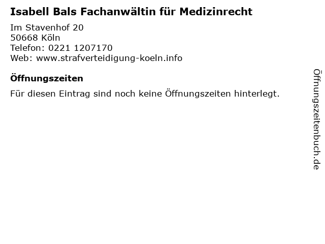 Isabell Bals Fachanwältin für Medizinrecht in Köln: Adresse und Öffnungszeiten