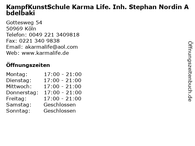 KampfKunstSchule Karma Life. Inh. Stephan Nordin Abdelbaki in Köln: Adresse und Öffnungszeiten