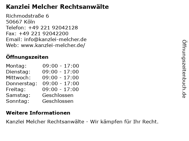 Kanzlei Melcher Rechtsanwälte in Köln: Adresse und Öffnungszeiten
