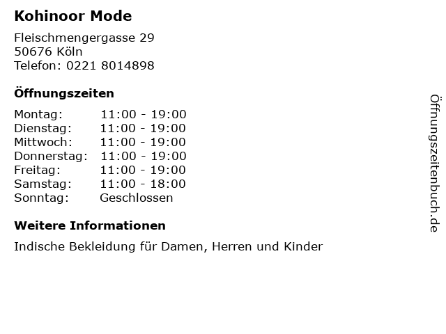 Kohinoor Mode in Köln: Adresse und Öffnungszeiten