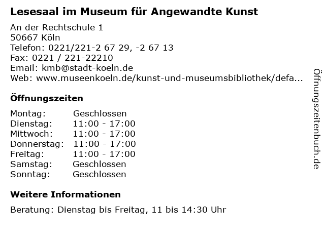 Lesesaal im Museum für Angewandte Kunst in Köln: Adresse und Öffnungszeiten