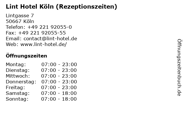 Lint Hotel Köln (Rezeptionszeiten) in Köln: Adresse und Öffnungszeiten