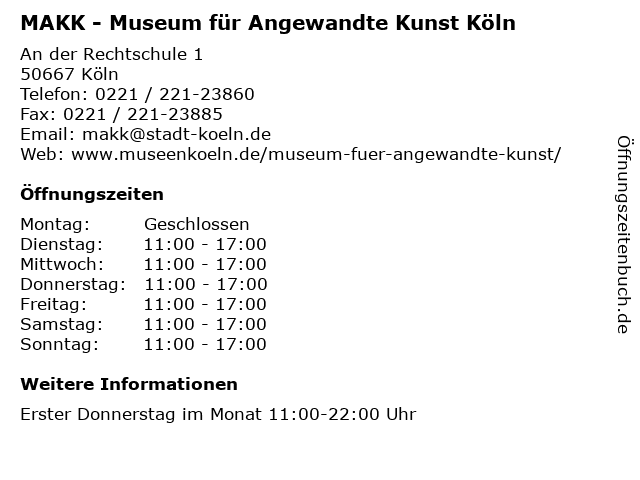 MAKK - Museum für Angewandte Kunst Köln in Köln: Adresse und Öffnungszeiten