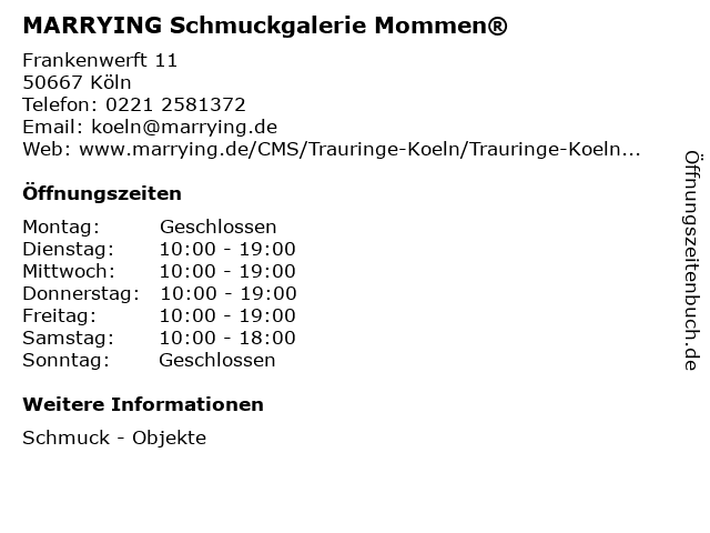 MARRYING Schmuckgalerie Mommen® in Köln: Adresse und Öffnungszeiten
