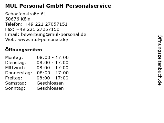 MUL Personal GmbH Personalservice in Köln: Adresse und Öffnungszeiten