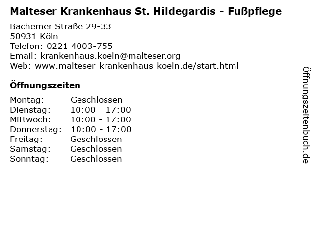 Malteser Krankenhaus St. Hildegardis - Fußpflege in Köln: Adresse und Öffnungszeiten