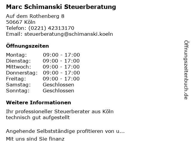 Marc Schimanski Steuerberatung in Köln: Adresse und Öffnungszeiten