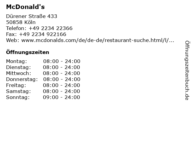 ᐅ Offnungszeiten Mcdonalds Deutschland Llc Durener Str 433 In Koln