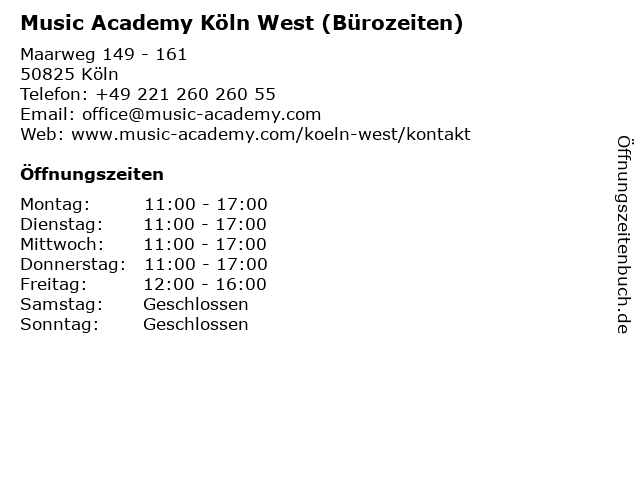 Music Academy Köln West (Bürozeiten) in Köln: Adresse und Öffnungszeiten