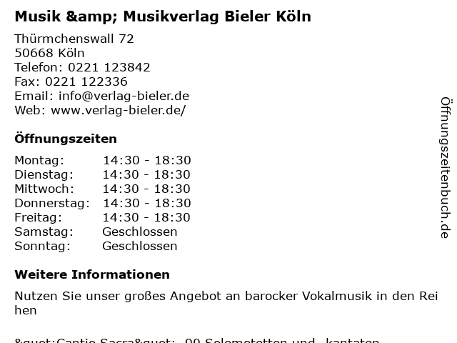Musik & Musikverlag Bieler Köln in Köln: Adresse und Öffnungszeiten