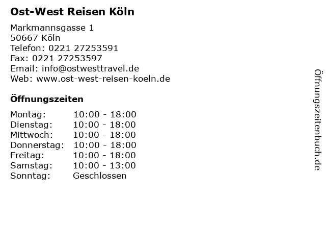 Ost-West Reisen Köln in Köln: Adresse und Öffnungszeiten