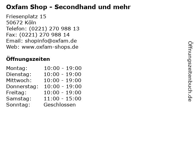 Oxfam Shop - Secondhand und mehr in Köln: Adresse und Öffnungszeiten