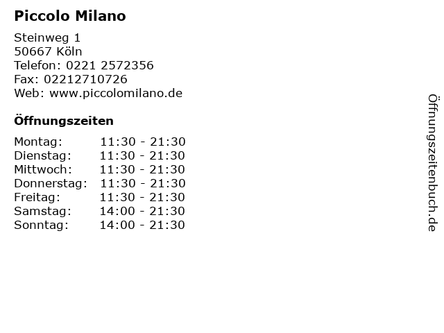Piccolo Milano in Köln: Adresse und Öffnungszeiten