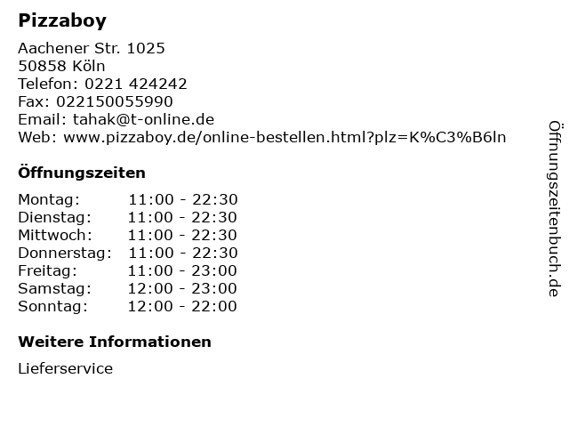 Pizzaboy in Köln: Adresse und Öffnungszeiten