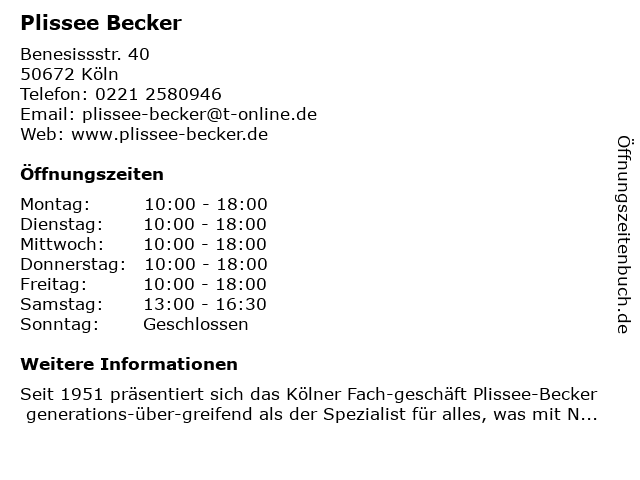 Plissee-Becker | Stickerei, Kurzwaren, Knöpfe, Schneidereibedarf Köln in Köln: Adresse und Öffnungszeiten