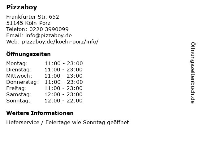 Pizzaboy in Köln-Porz: Adresse und Öffnungszeiten