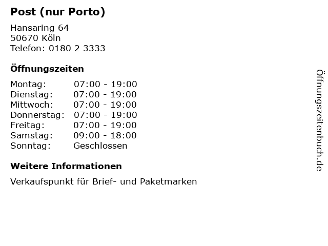 Post (nur Porto) in Köln: Adresse und Öffnungszeiten