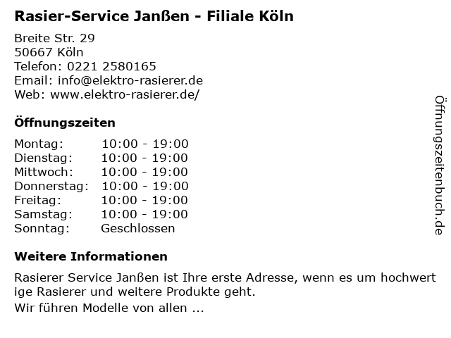 Rasier-Service Janßen - Filiale Köln in Köln: Adresse und Öffnungszeiten