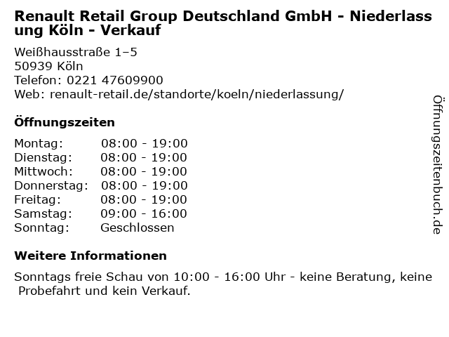 Renault Retail Group Deutschland GmbH - Niederlassung Köln - Verkauf in Köln: Adresse und Öffnungszeiten
